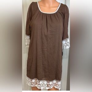 Umgee Boho Brown Shift Dress – White Lace Trim – Cottagecore – Small
